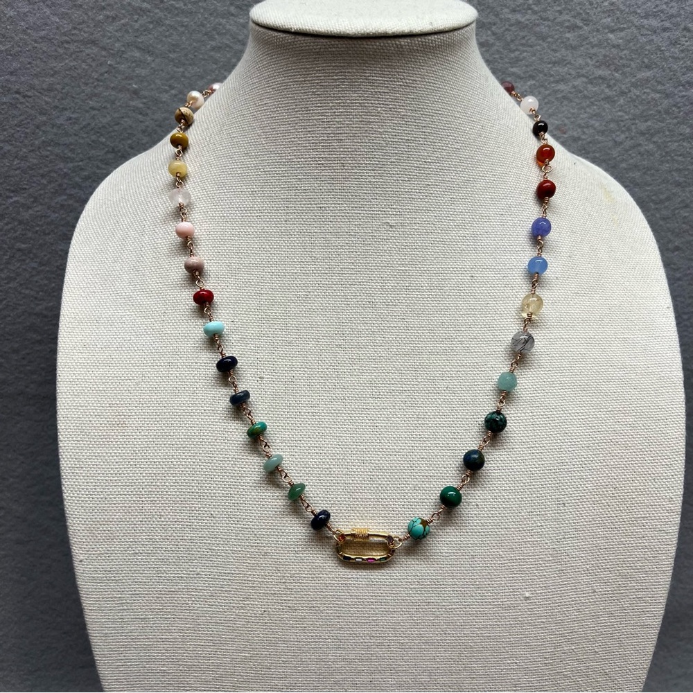 Multi Gemstone Wire Wrapped Necklace 14K Rose Gold Filled with Carabiner Clasp